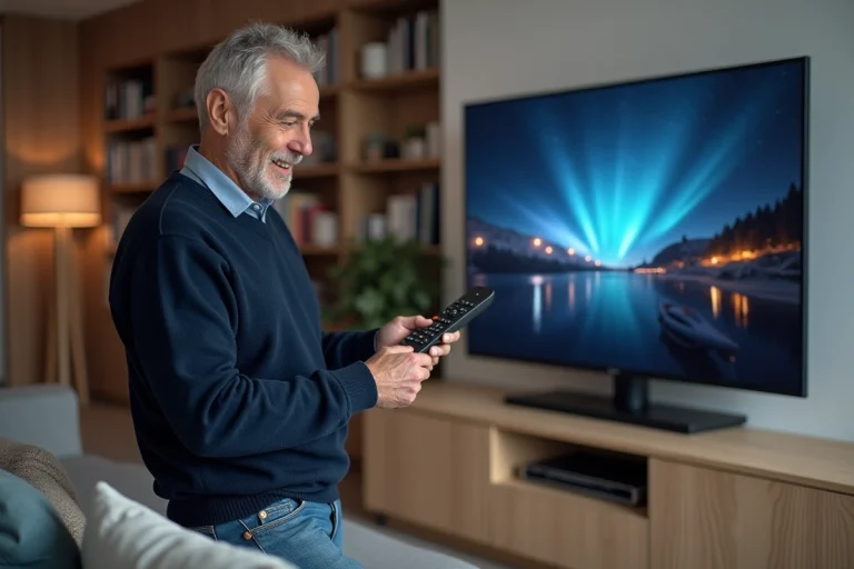 Homme d'âge moyen avec télécommande devant TV moderne