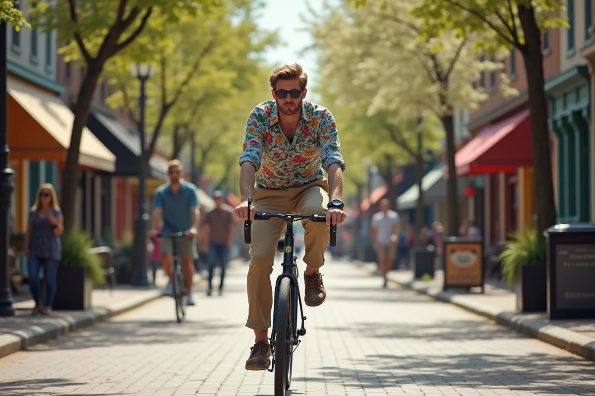 Homme en vélo dans une rue urbaine colorée et fleurie