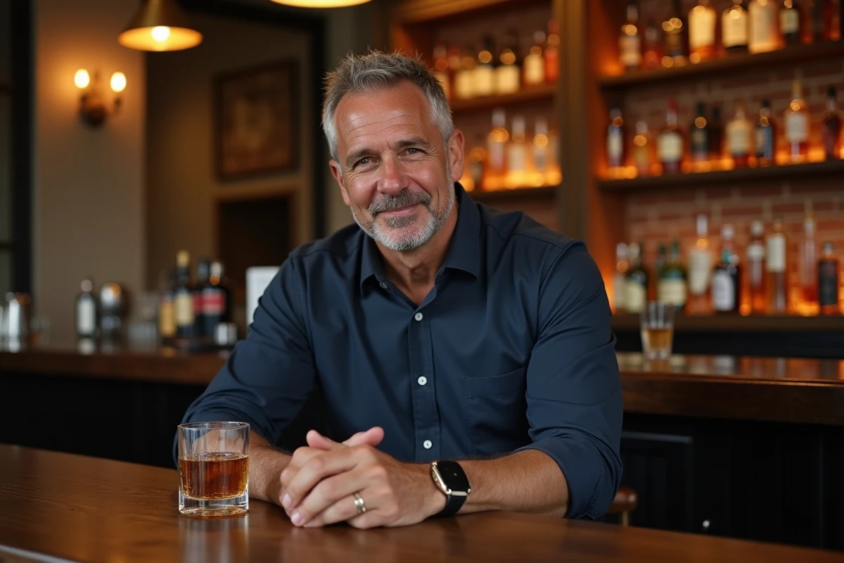 Homme attablé dans un bar avec un verre de whisky, représentant une option d'alcool faible en glucides pour le régime cétogène