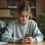 Jeune femme installant une application tierce sur iPhone depuis son bureau à domicile
