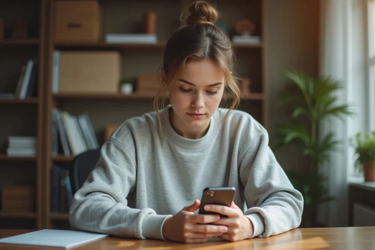 Jeune femme installant une application tierce sur iPhone depuis son bureau à domicile