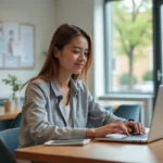 Jeune femme travaillant sur un ordinateur pour une demande de logement