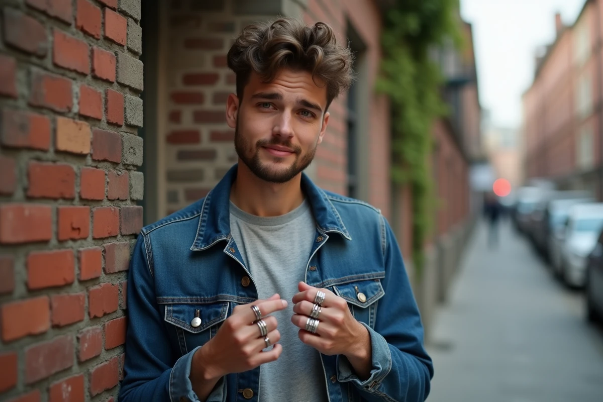 Jeune homme ajustant ses bagues en argent devant un mur de briques