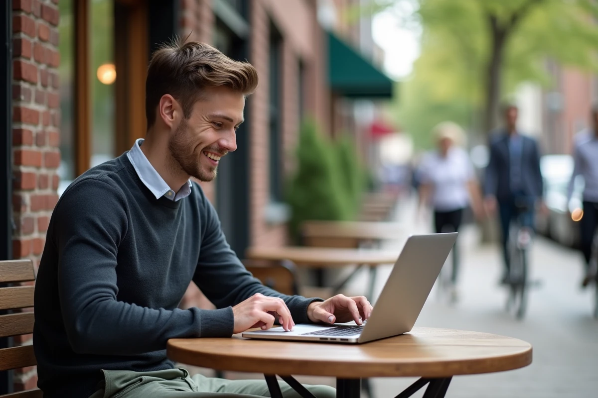 Jeune homme analysant ses résultats en extérieur