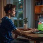 Jeune homme regardant un match de football sur son ordinateur à la maison