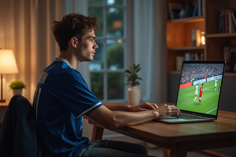 Jeune homme regardant un match de football sur son ordinateur à la maison