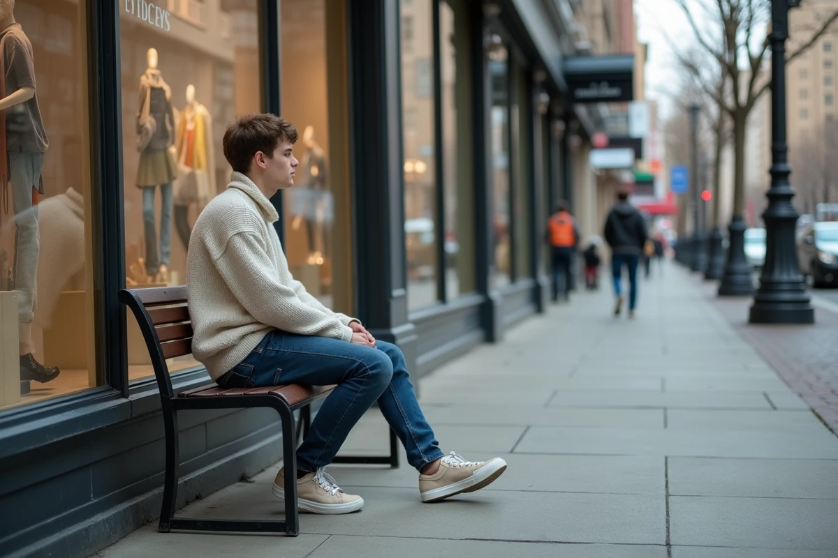 Jeune homme assis devant boutique en rénovation en ville
