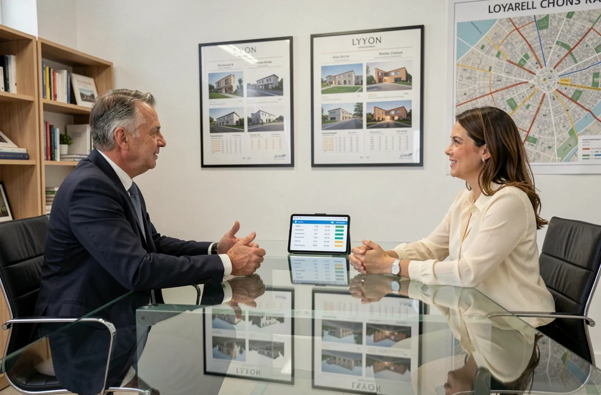 Négociation du prix de vente immobilier entre un vendeur et un agent dans une agence immobilière à Lyon