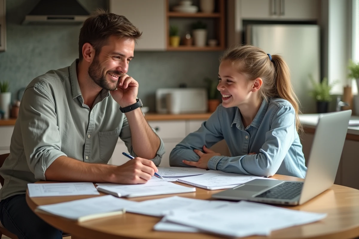 Père et fille discutant de finances à la maison