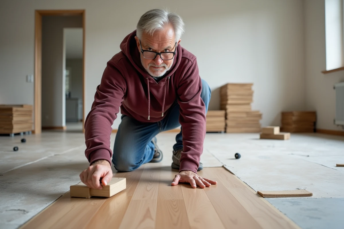 Homme posant un parquet stratifié dans un salon en cours de rénovation