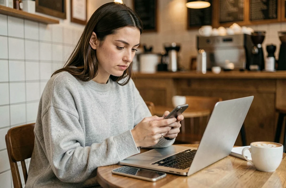Femme consultant son smartphone pour résoudre un problème de connexion dans un café