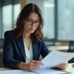 Professionnelle en blazer marine relisant attentivement des mentions légales imprimées dans un bureau moderne et minimaliste