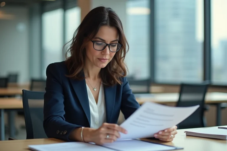 Professionnelle en blazer marine relisant attentivement des mentions légales imprimées dans un bureau moderne et minimaliste