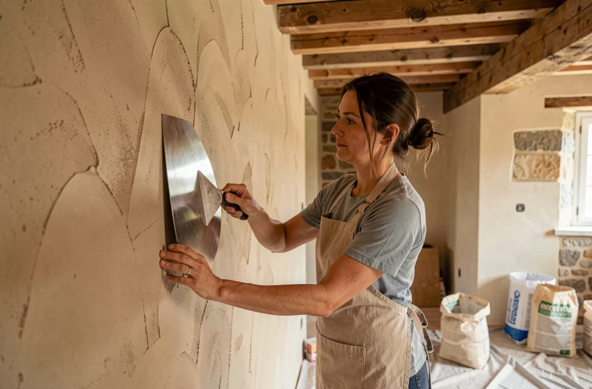 Femme appliquant un enduit en argile naturelle sur un mur lors d'une rénovation écologique avec des matériaux biosourcés