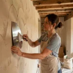 Femme appliquant un enduit en argile naturelle sur un mur lors d'une rénovation écologique avec des matériaux biosourcés
