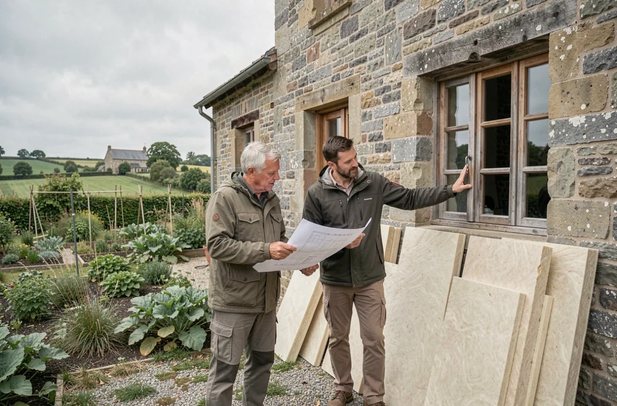 Couple consultant des plans de rénovation devant une maison en pierre avec des panneaux isolants en laine de chanvre écologique