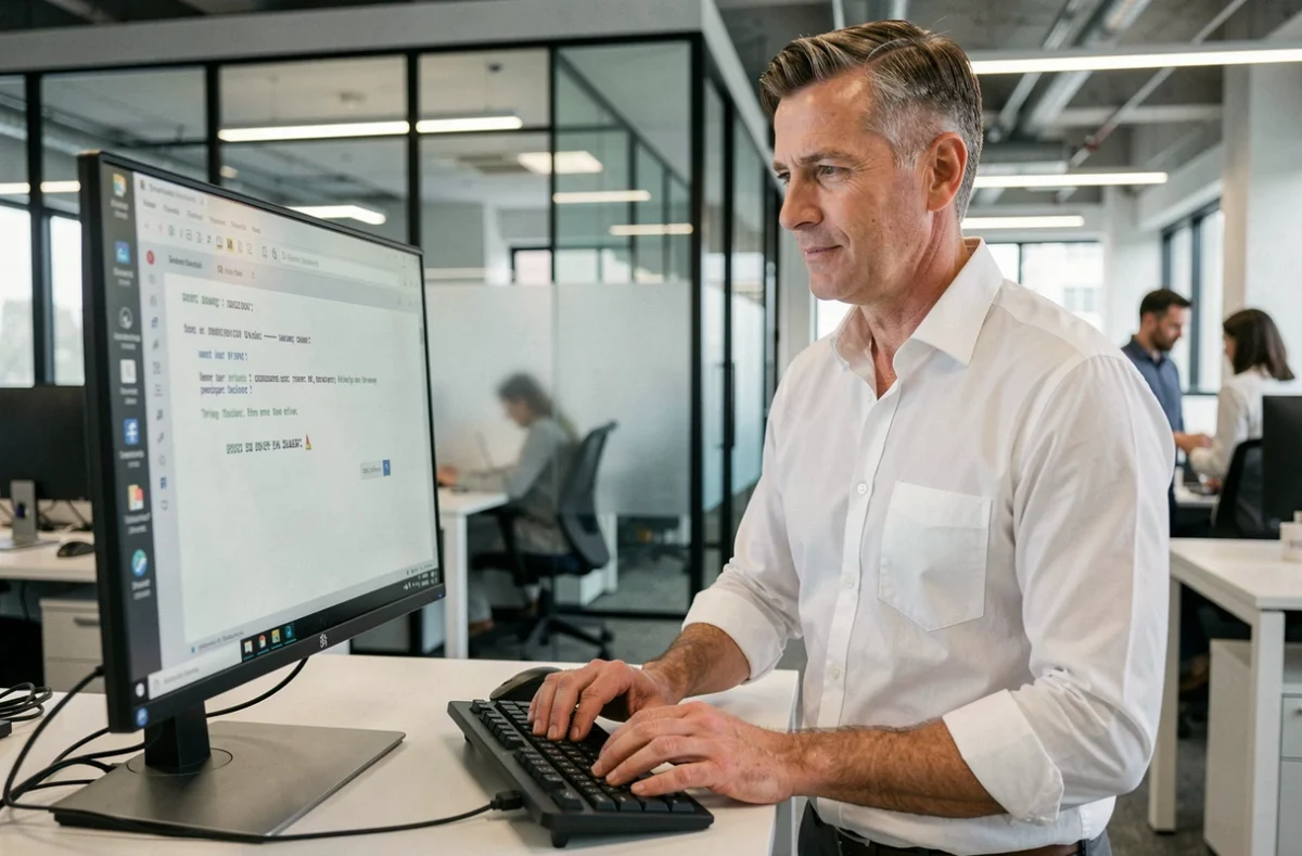 Homme en bureau professionnel résolvant une erreur de connexion sur un ordinateur de bureau