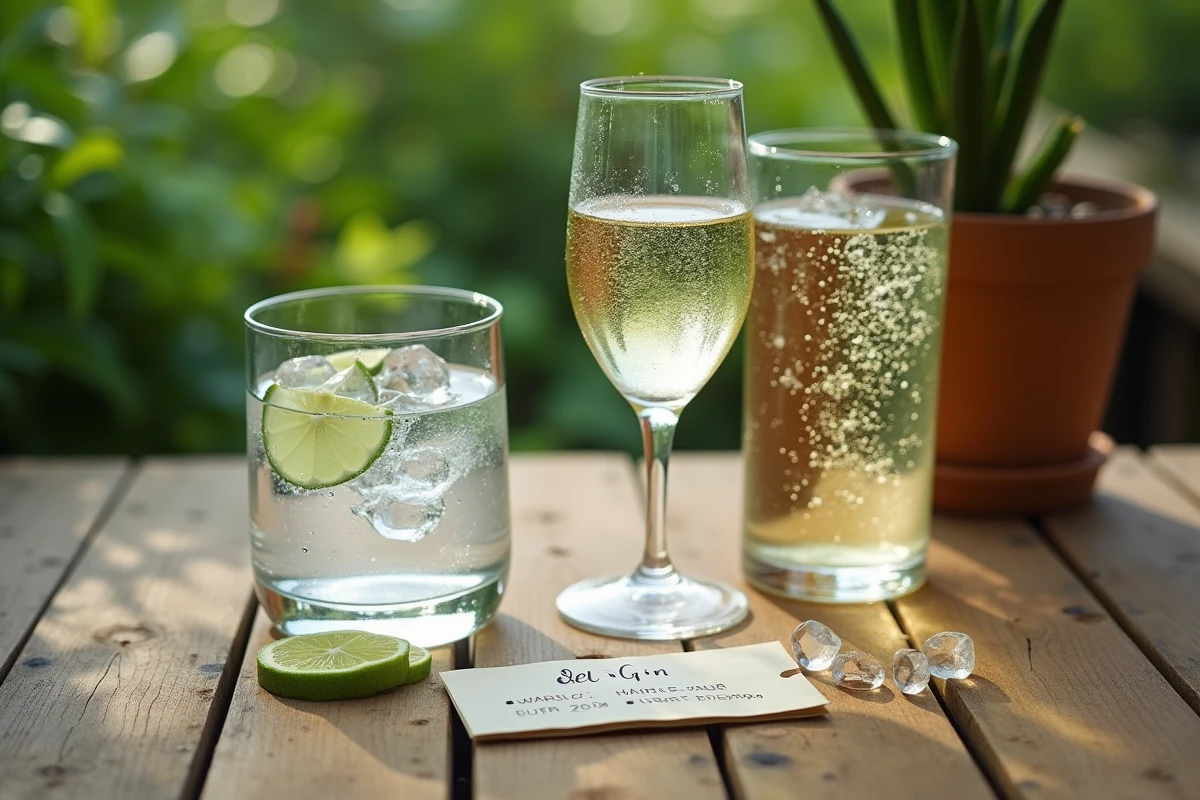 Sélection d'alcools compatibles keto disposés en flat lay sur une table en bois, avec gin, champagne brut et notes sur les glucides