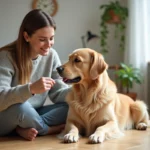 Femme en pull gris brossant son golden retriever sur un parquet en bois dans un appartement moderne et chaleureux