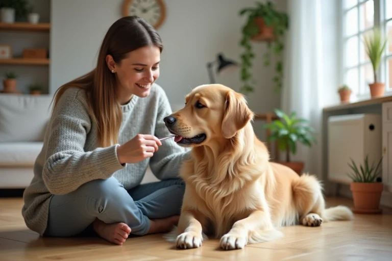 Femme en pull gris brossant son golden retriever sur un parquet en bois dans un appartement moderne et chaleureux
