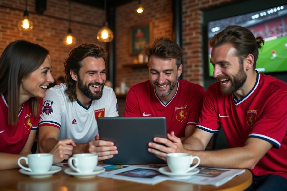 Groupe de supporters sportifs animés lisant des analyses de matchs ensemble dans un bar urbain