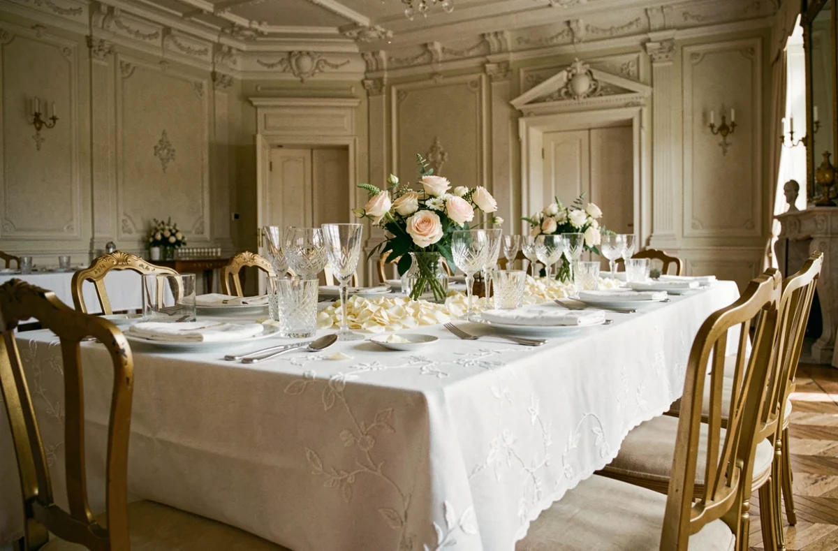 Table de réception dressée pour un mariage dans un hôtel particulier parisien, symbolisant une union mondaine et médiatique en France