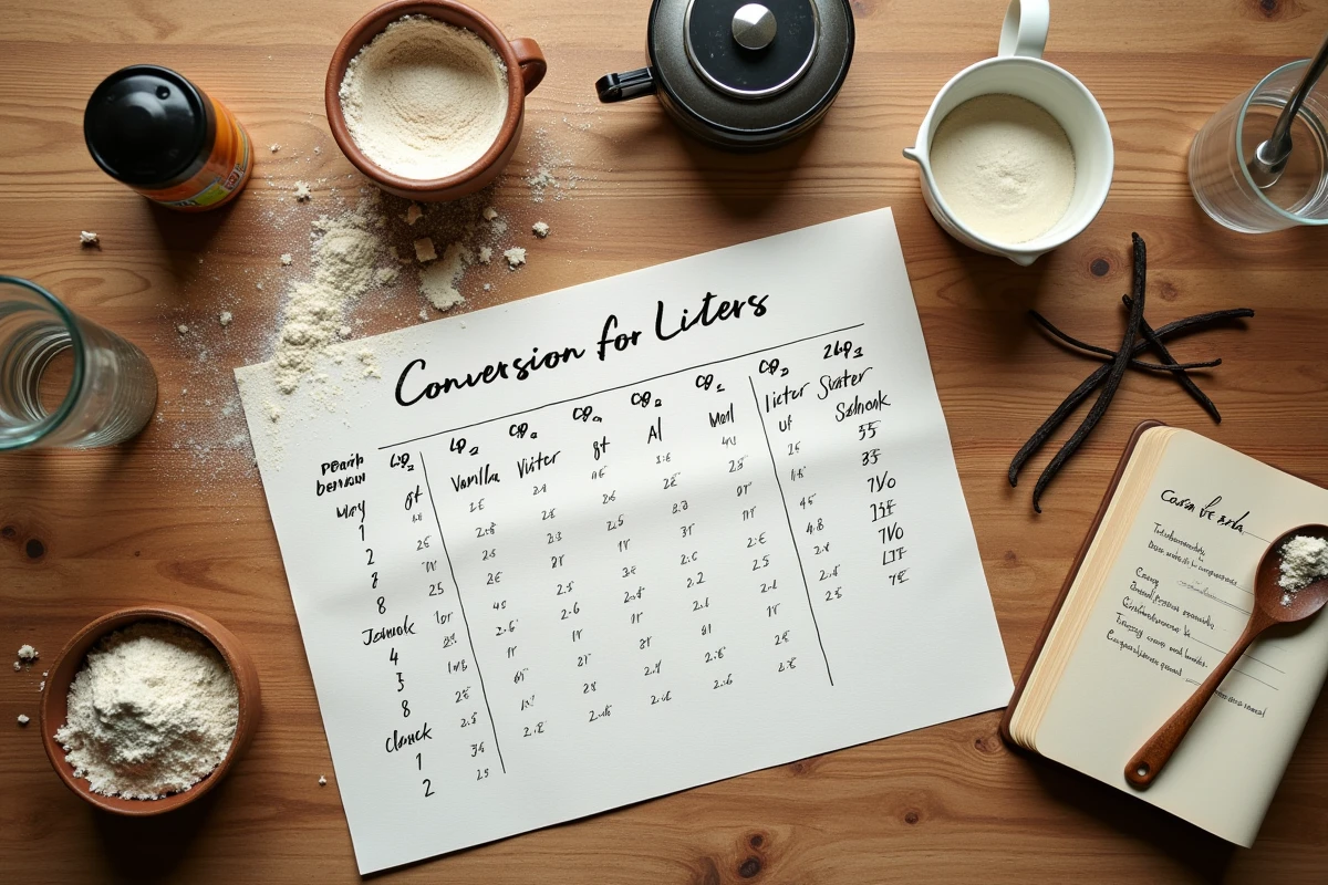 Vue de dessus d'un tableau de conversion gramme en litre manuscrit entouré d'outils de mesure culinaires sur une table en bois
