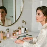 Femme appliquant un maquillage tendance minimaliste devant une coiffeuse en marbre avec des produits de beauté haut de gamme dans un appartement parisien