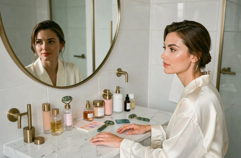 Femme appliquant un maquillage tendance minimaliste devant une coiffeuse en marbre avec des produits de beauté haut de gamme dans un appartement parisien