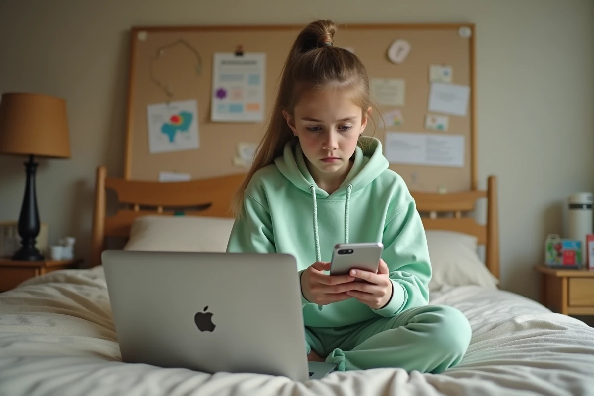 Adolescente comparant un tutoriel sur MacBook et iPhone pour installer une application