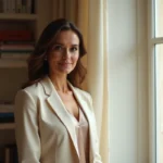 Femme élégante en veston crème dans un appartement parisien, illustrant la vie privée d'une personnalité médiatique