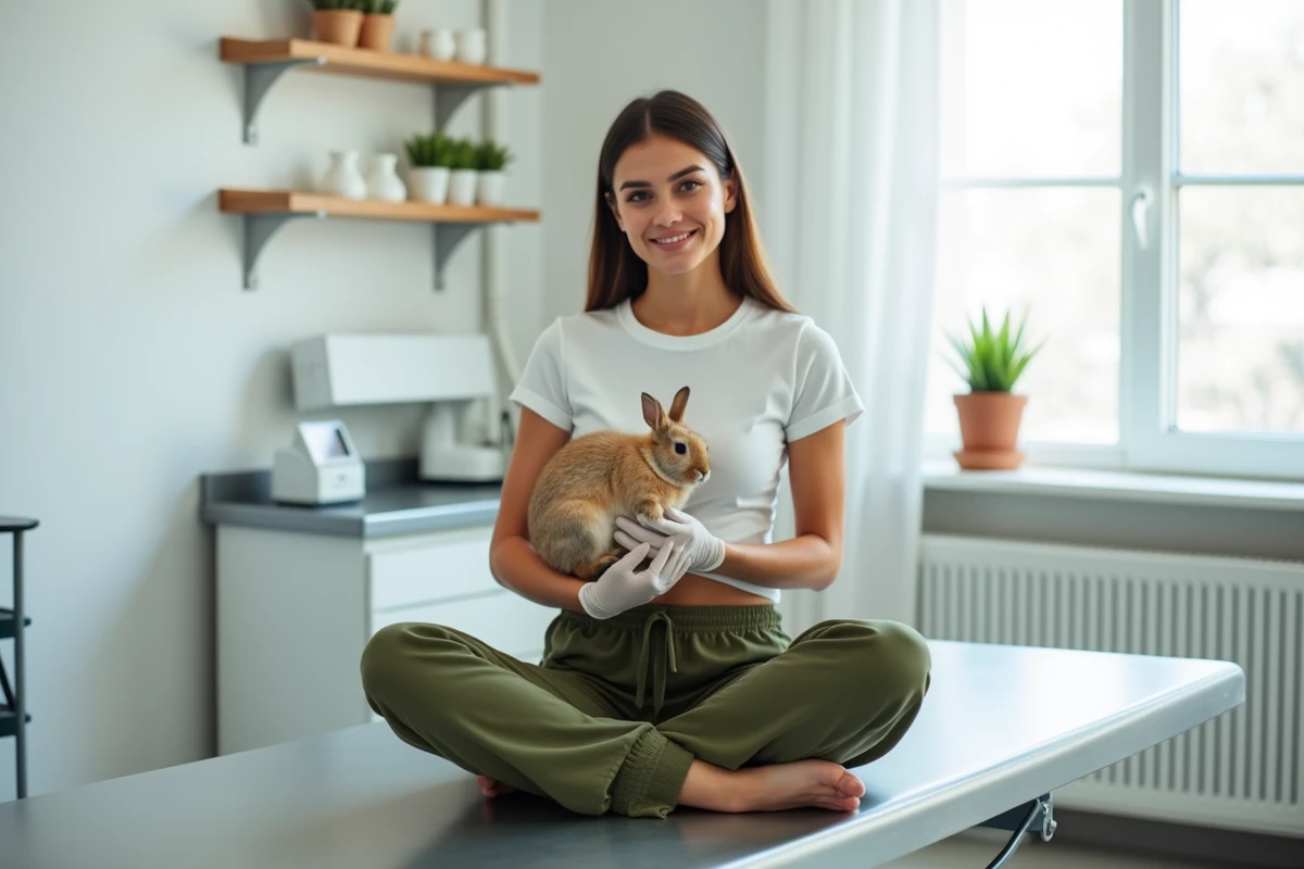 Jeune femme tenant son lapin beige lors d'une consultation vétérinaire de routine dans une salle d'examen clinique