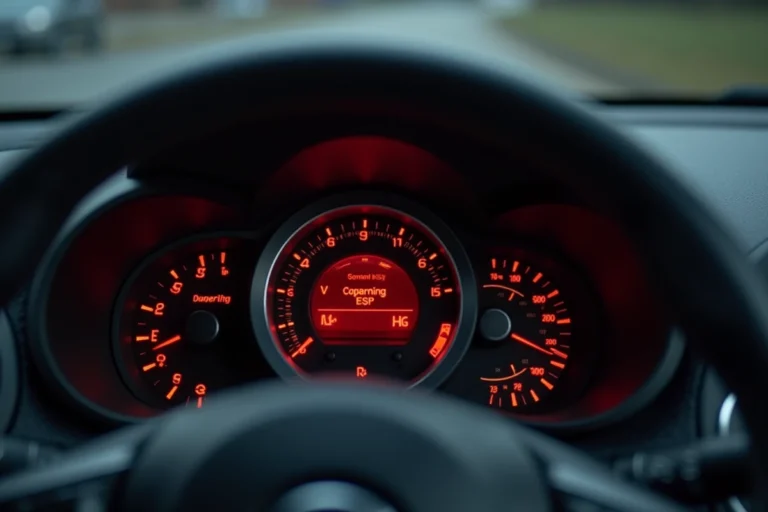 Tableau de bord d'une Nissan Juke avec voyant moteur rouge et voyant ESP allumés simultanément